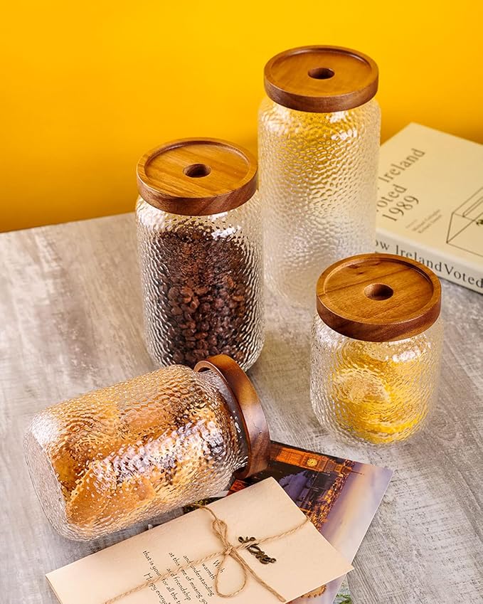 WHJY Glass Storage Container with Lid, Airtight Glass Jars, Farmhouse Tea Canister, Dog Treat Jar for Pet, Irregularity Texture Glass Candy Cookies Coffee Canister Jar Bath salt Container - 17oz