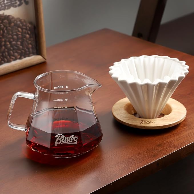 Bincoo 400ML Pour Over Coffee Maker Set with Filter Paper,Ceramic Pour Over Coffee Dripper 1-2 Cups-Professional Coffee Brewing Pot for Home Office(White)