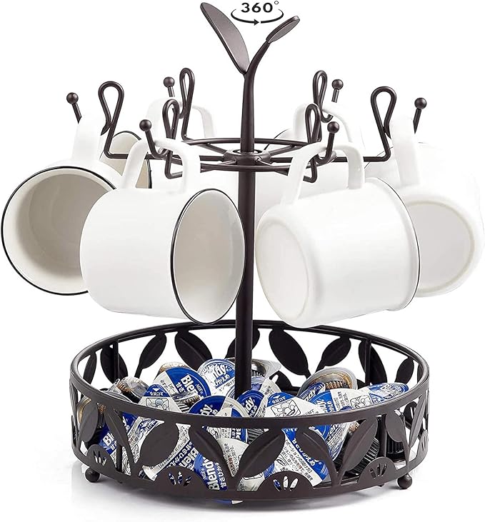 ALLCENER Mug Tree Countertop, Rotatable Mug Holder Stand with 6 Hooks for Coffee Bar Counter Cabinets and Kitchen Organizer