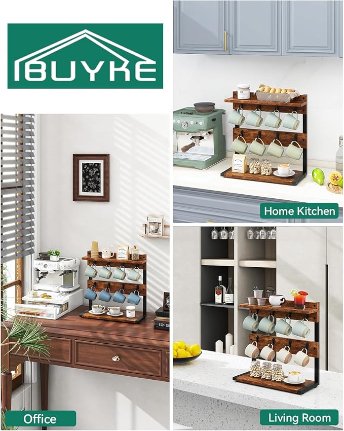 IBUYKE Rustic Coffee Mug Holder Stand, 2 Tier Countertop Mug Tree Holder Rack with Storage Base, Vintage Mug Holders for Kitchen, Holds 8 Mugs, Rustic Brown UTBJ002H