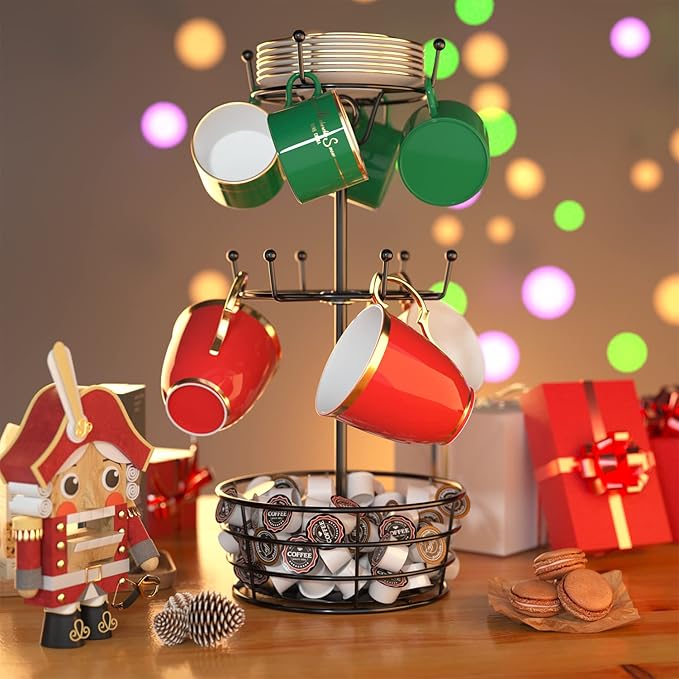 Visentor Rotatable Metal Coffee Mug Rack - 3 Tier Holder with 10 Hooks, Cup Pods & Saucer Basket for Bar Kitchen Counter - Black