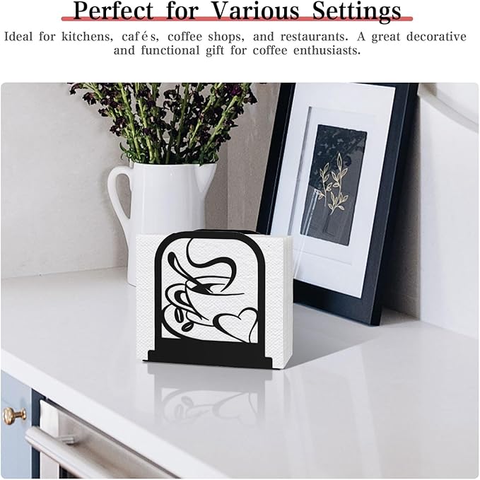 Modern Standing Napkin Holder for table, Black Metal Napkin Dispenser, Coffee time Theme Style Napkin Holder, Suitable for Kitchen, Coffee Shop, Dining Room