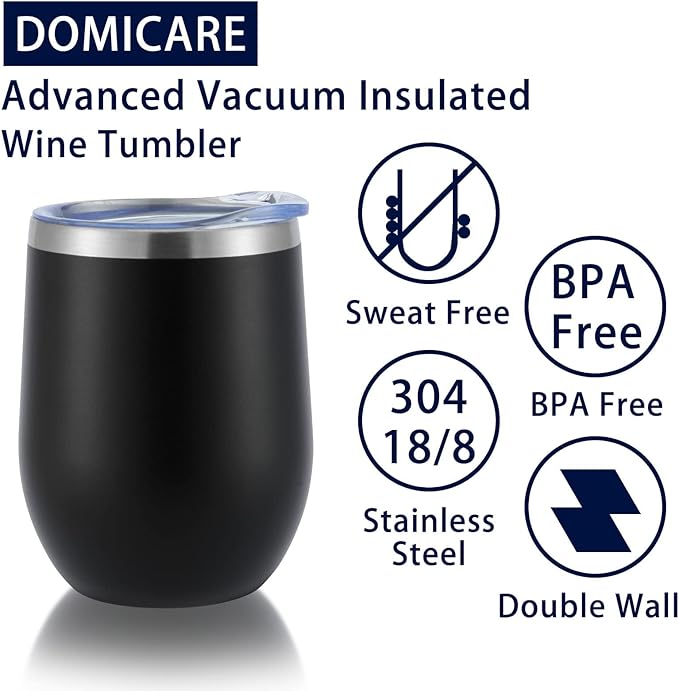 DOMICARE Stainless Steel Wine Tumbler Bulk with Lid, Personalized Insulated Tumblers Set, 12oz Travel Coffee Cups Pack of 16, Black