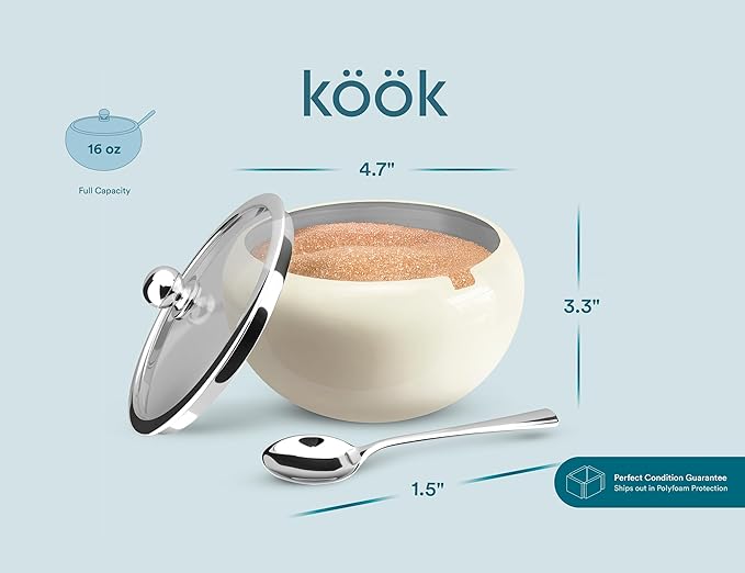KooK Stainless Steel Sugar Bowl with Lid and Spoon, Serving Dish, Clear Glass Lid, Storage for Salt, Candy, Coffee, Holds 2 Cups, Dishwasher Safe, 16 oz Vintage White Glossy