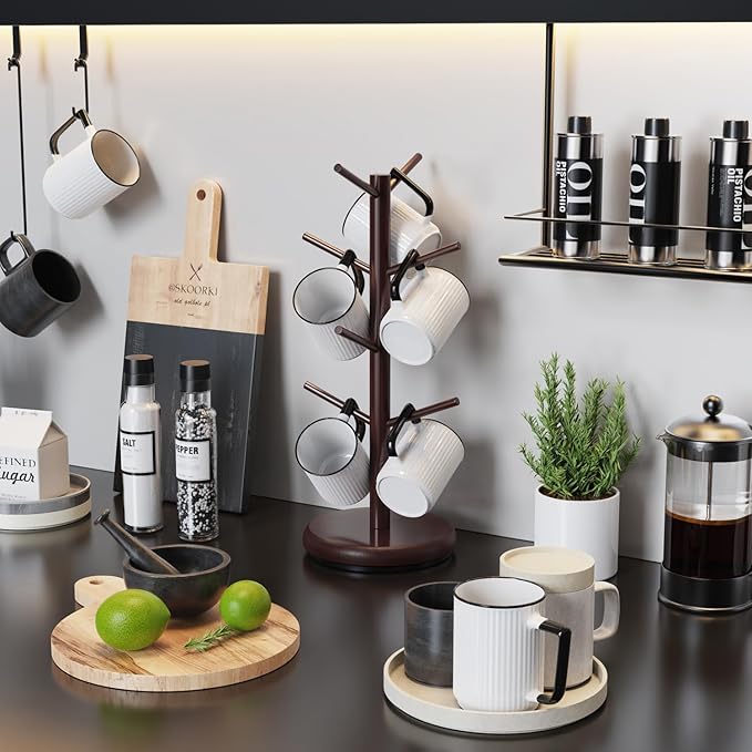 BAMBANG Mug Holder Tree, 360° Rotating 8 Hooks Coffee Cup Holder for Counter, Bamboo Coffee Mug Rack Standing for Kitchen Countertop Home, Espresso
