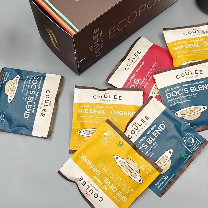 Coulée EcoPour Coffee Variety Pack, All Paper Single Serve Coffee, Use for Camping or Traveling, Pre Filled Compostable Filters, Ready to Brew with Hot Water, Plastic Free, Includes 4 Flavors, 20 Pack