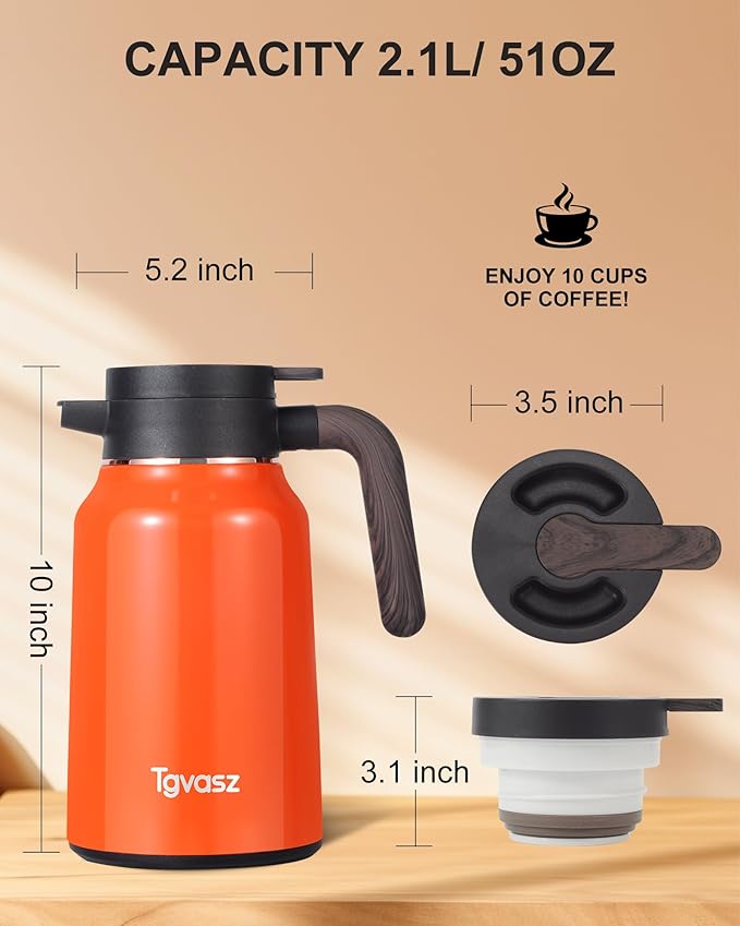 51 Oz Carafes for Hot Liquid, Stainless Steel Insulated Vacuum Thermal Coffee Carafes For Keeping Hot, 1.5 Liter Coffee Dispenser(Orange)