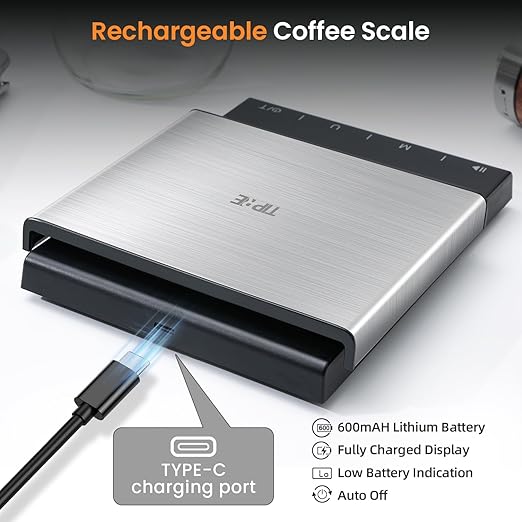 Coffee Scale with Timer, 0.1g High Precision Espresso Scale, Pour Over Coffee Weight Scale Rechargeable Coffee Scale for Espresso with Color LED Display, Touch Sensor, Silicone Cover