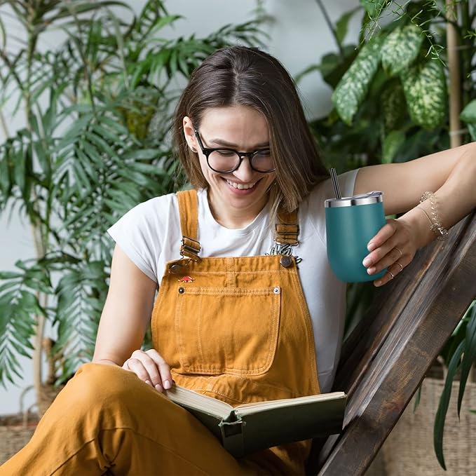 VEGOND 12oz Stainless Steel Wine Tumbler with Lid and Straw, Double Wall Vacuum Insulated Stemless Wine Glass Tumbler Cup, Coffee Mug for Cold Hot Drinks