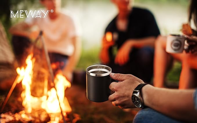 MEWAY 12oz Coffee Mug With Handle 2 Pack Bulk,Stainless Steel Insulated Travel Tumblers With Sliding Lid,Double Wall Vacuum Camping Cup for Hot & Cold Drinks Tea (Black,Set of 2)