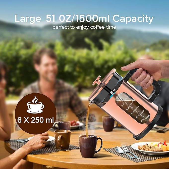 QUQIYSO French Press Coffee Maker 51oz 304 Stainless Steel French Press with 4 Filter, Borosilicate Glass Coffee Press