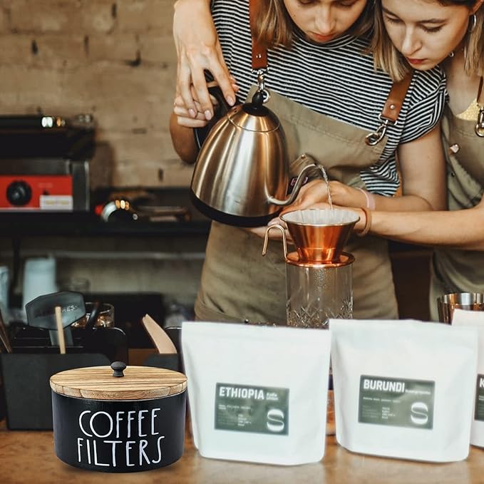 Coffee Filter Holder, Wood Coffee Filter Storage Container Dispenser with Lid, Rustic Farmhouse Filters Organizer Basket Accessories for Coffee Bar Counter Decor