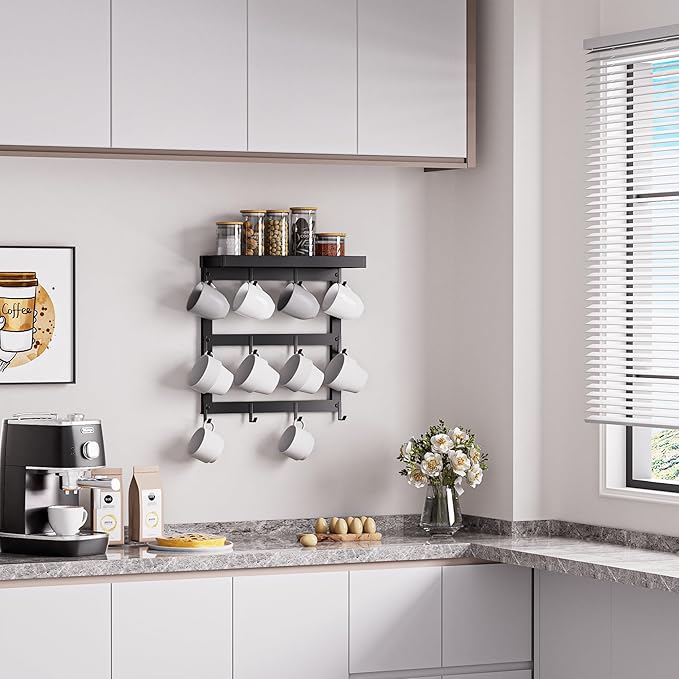 Coffee Mug Rack Wall Mounted, Rustic Metal Mug Holder Organizer with 12 Hooks and Top Shelf Cup Storage Rack for Home Kitchen Coffee Bar Station Mug Display and Collection