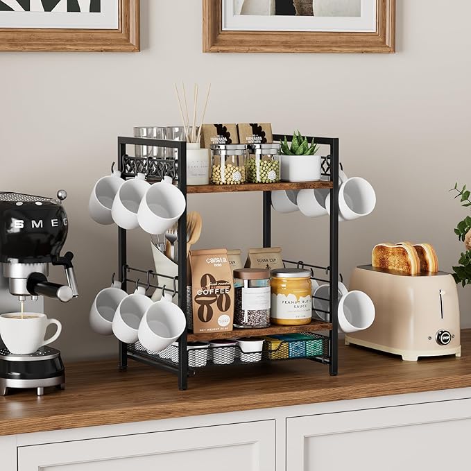Coffee Bar Organizer Countertop, 3 Tier Mug Cup Holder Stand with 12 Hooks, 25 K Cup Coffee Pod Drawer with Mug Rack, Multifunctional Shelf for Accessories Kitchen (Black)
