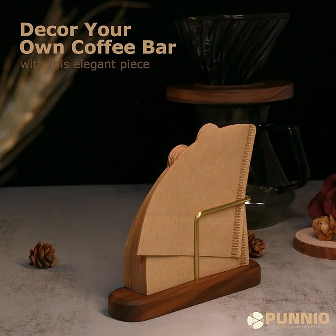 Coffee Filter Holder Storage, Wood & Brass Rack Coffee Filter Container for Coffee Bar/Home/Office, Compatible with #1/#2/#4/V60 Coffee Filter