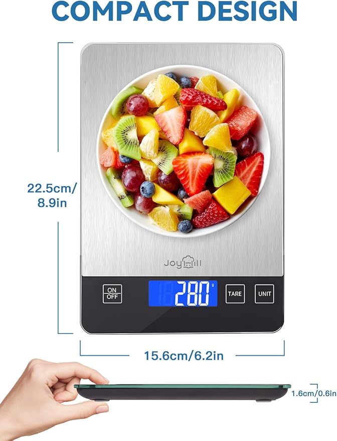 JOYHILL Food Scale, 10kg/1g Digital Kitchen Scale, Food Scale Grams and Ounces for Baking and Cooking, Premium Stainless Steel with LED Display, Batteries Included