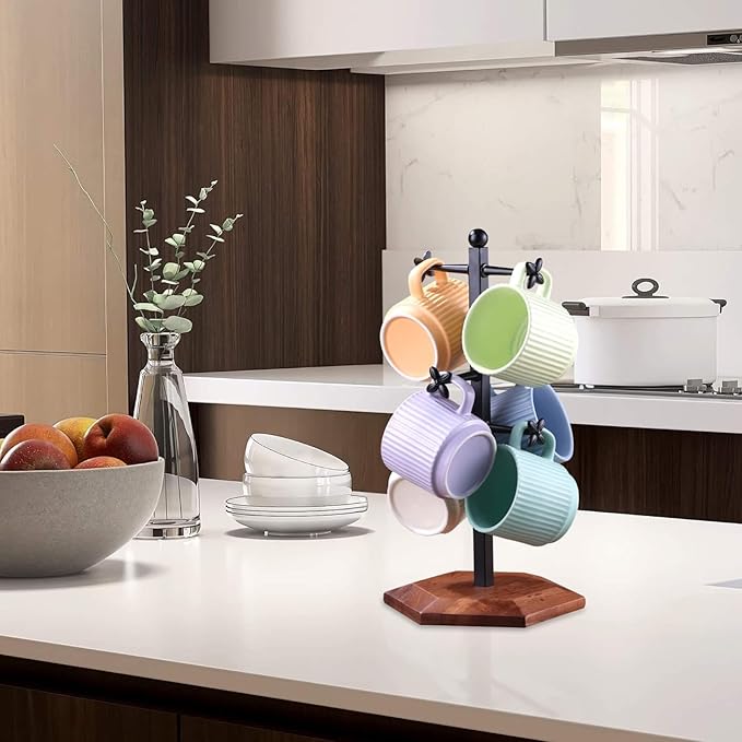 Coffee Mug Holder, Mug Tree for Counter, Cup Holder with 6 Floral Hooks, Wooden Mug Rack, Mug Stand for Counter, Coffee Bar Station Organizer, Black