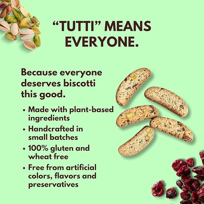 Tutti Gourmet Gluten Free Pistachio & Cranberry Biscotti, 9.9 oz (283g) Resealable Cookie Bag, Vegan and Halal Snacks