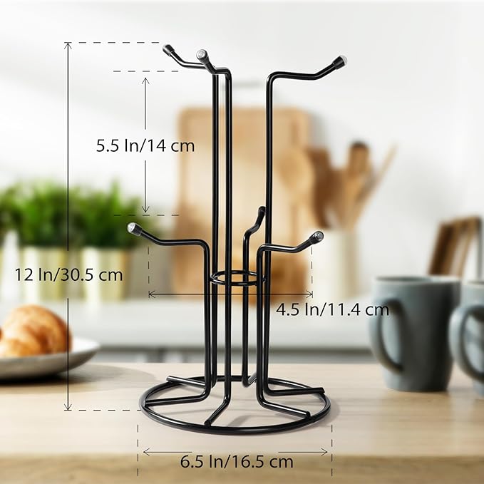 HULISEN Mug Tree for Large Cups, Counter Coffee Mug Holder with 6 Hooks, Metal Coffee Cup Holder Tree, Standing Rack for Countertop, Kitchen Counter Decor, Black
