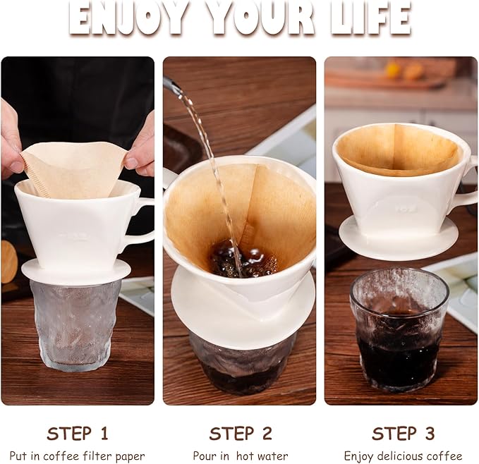 Pour Over Coffee Dripper, Ceramic Pour Over Coffee Maker with 3 Holes Flat Bottom, Easy Manual Brew Maker, Porcelain Slow Filter Cone for Travel, Camping, Office, Home, WH