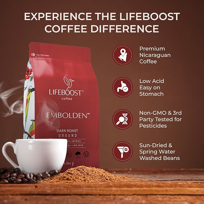 Lifeboost Dark Roast Ground Coffee - Non-GMO Low Acid Single Origin USDA Organic Dark Roast Coffee - Third Party Tested For Mycotoxins & Pesticides - 12 Ounces
