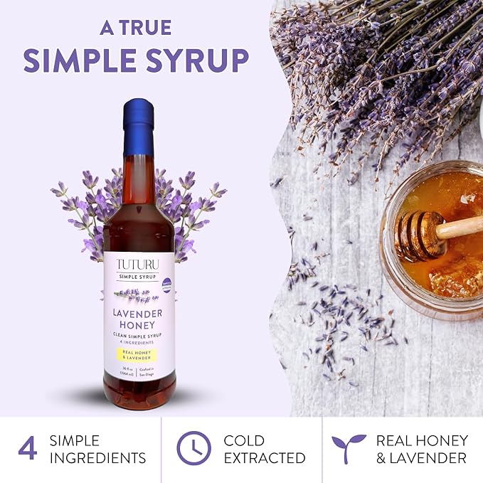 Lavender Honey Simple Syrup for Coffee, Cocktails, Tea, Matcha - Clean Simple Syrup with Real Lavender & Honey - 36 oz