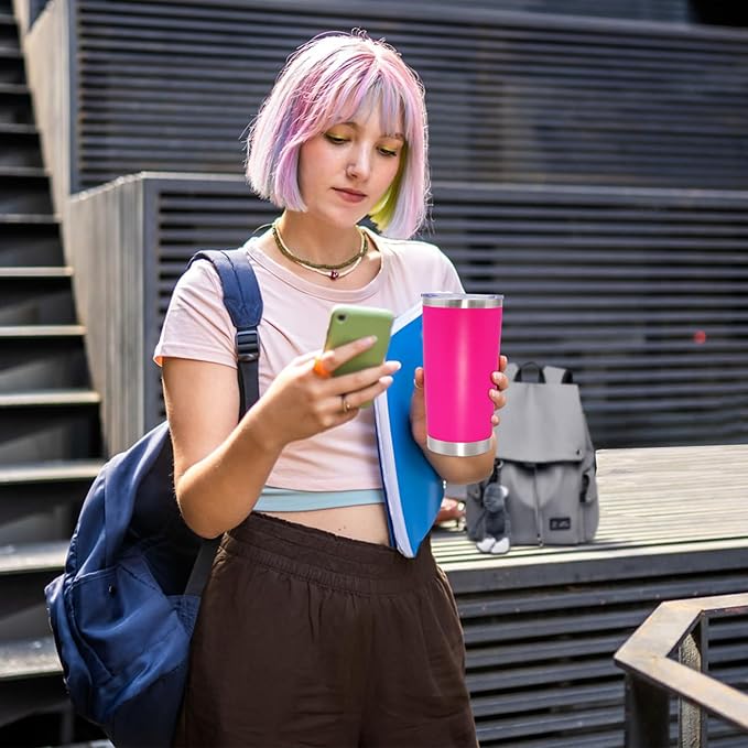 20 oz Tumbler Coffee Travel Tumblers Bulk with Lid Stainless Steel Double Wall Vacuum Insulated Mug Powder Coated Cups fit Car Cupholder for Hot and Cold - Hot Pink, 12Pack