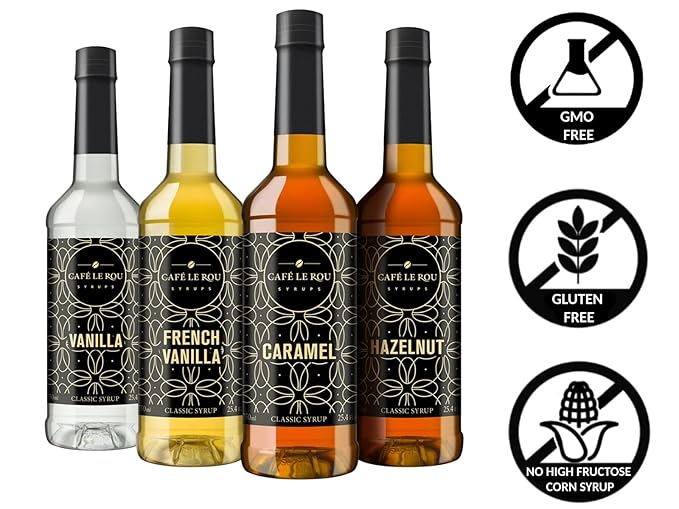 NEW Café Le Rou Variety 25.4oz Vanilla, French Vanilla, Caramel, Hazelnut (Variety, 4-pack) *Includes 4 Coffee Syrup Dispensers for Coffee, Tea and Espresso