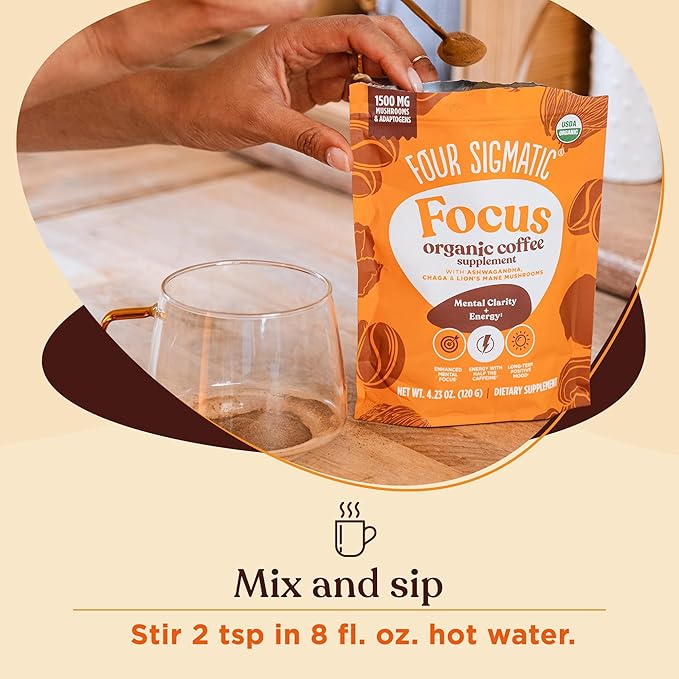 Four Sigmatic Focus Organic Mushroom Coffee | 1500mg of Adaptogens per Serving | Lion's Mane, Chaga, Rhodiola, Ashwagandha & Mucuna for Energy, Focus, Positive Mood & Immune Support | 30 Servings