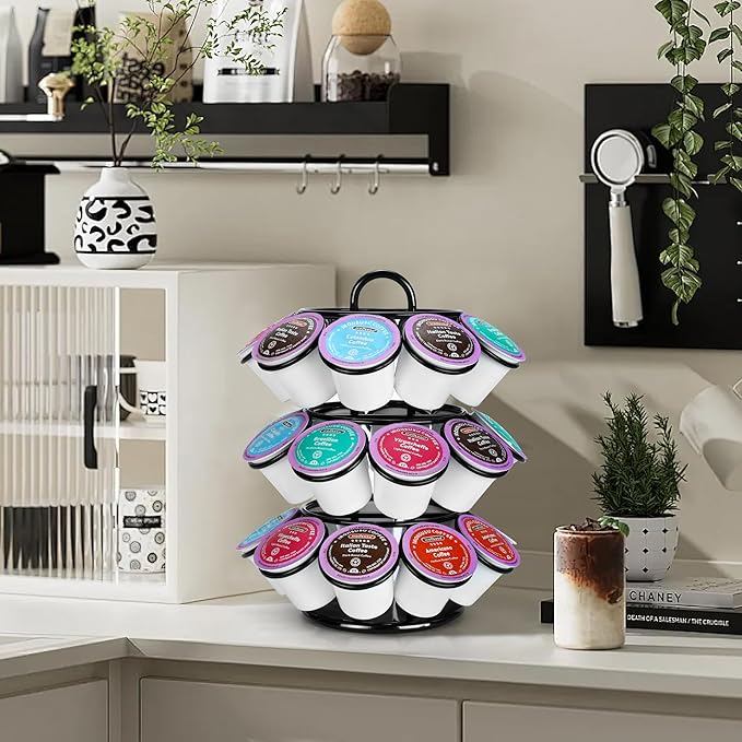Coffee Pod Holder, K Cup Holders, 3 Tier Coffee Pod Carousel Compatible with K Cups (27 Pods), Spins 360-Degrees, Modern Black Design