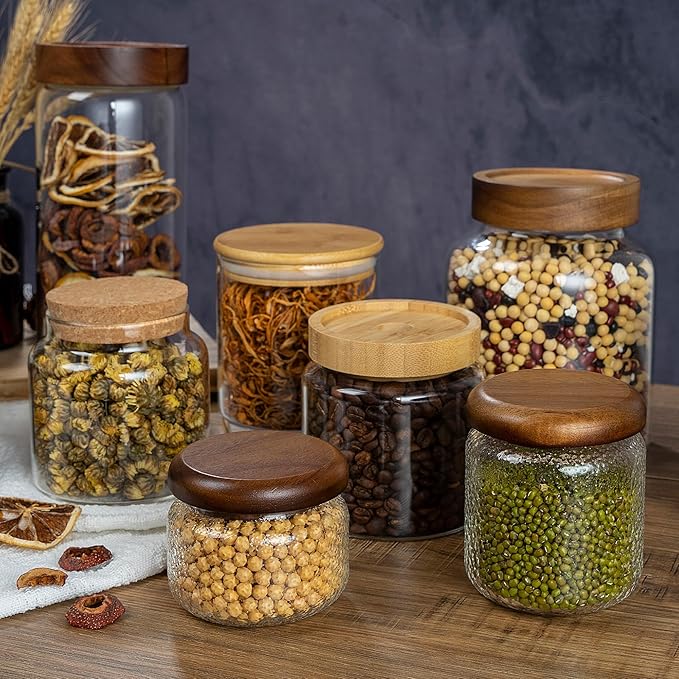 1PC Small Glass Storage Jars with Airtight Lids, 18 fl oz (550ml) coffee container with Wooden Lid, Glass Pantry Canister for Beans, Rice, Sugar and etc
