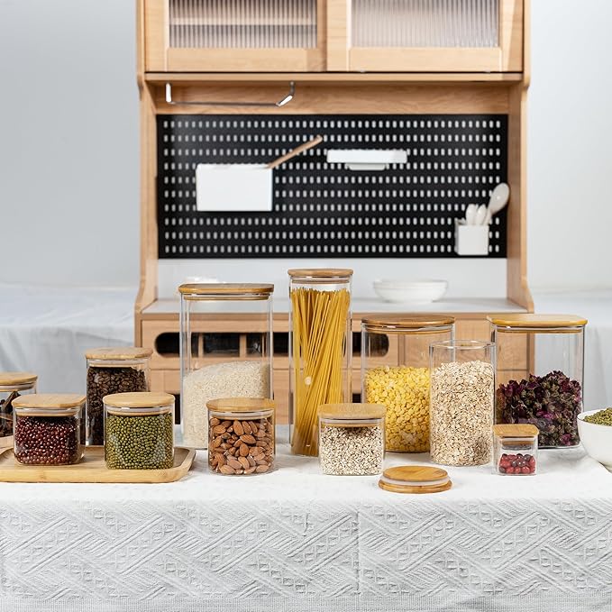 122oz Airtight Glass Square Storage Canister with Bamboo Lid Set of 2(3600ml*2) Large Storage Container Gallon Glass Jars, for Sugar, Flour, and Coffee bean (with Black Lable)