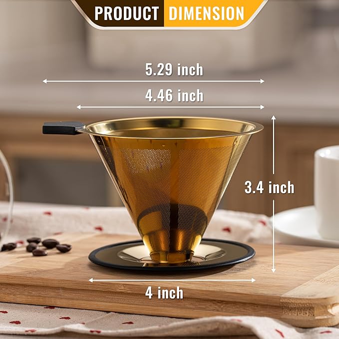 Pour Over Coffee Dripper INSINTAR Stainless Steel ReusablePour Over Drip Coffee Filter Paperless Coffee Strainer Single Cup Coffee Maker 1-4 Cup (Titanium Gold)