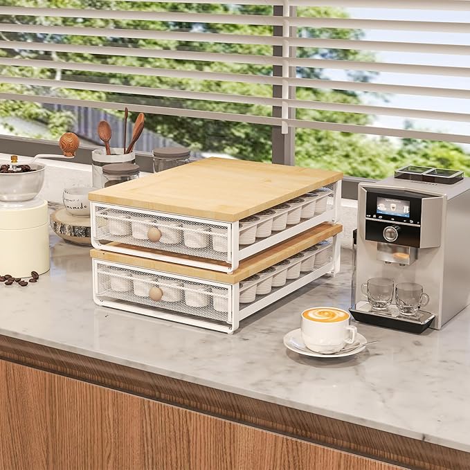 Coffee Pod Holder Counter Coffee Vertuo Capsules Storage Organizer with Sliding Drawer Compatible For 35 K-Cup Pods No Assembly Needed Natural Colour