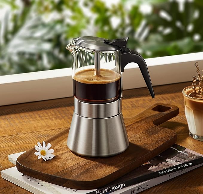 Moka Induction Stovetop Espresso Maker With Pressure valve,Crystal Glass-top & Stainless Steel Esprosso Moka Pot,240ml Classic Italian Coffee Maker