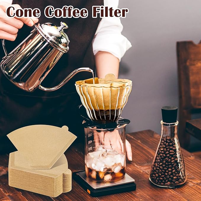 200 Count #4 Cone Coffee Filters 8-12 Cup, Natural Coffee Filters 4 Cone Paper fits for Pour Over and Drip Coffee Maker, Unbleached, Chlorine Free