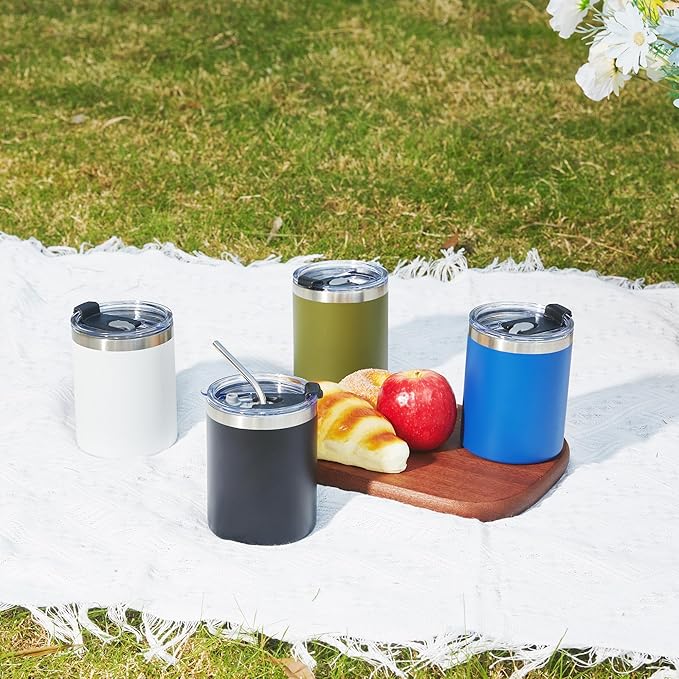 MEWAY 12 oz Lowball, Tumbler Stainless Steel Double Wall Vacuum Insulated Mug with Straw and Lid, Cleaning Brush ,Durable Powder Coated Insulated Coffee Cup for Cold & Hot Drinks (Navy,4 pack)