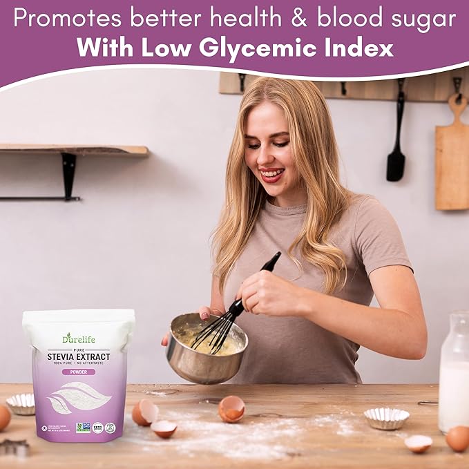 Durelife 100% Pure stevia extract sweetener 8 oz | No Erythritol, NON-GMO Project Verified, No Fillers, Zero Calorie Sugar Substitute | No Aftertaste | Micro-Spoon Included | 8 oz