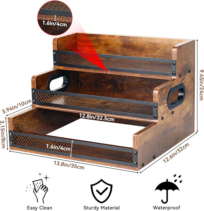 Liquor Bottle Display Shelf, Coffee Syrup Rack Organizer, 2 Pack 3 Step Countertop Liquor Wine Rack, Coffee Station Organizer with Fences & Handles, Home Retro Bar Shelf Stand for Liquor Whiskey