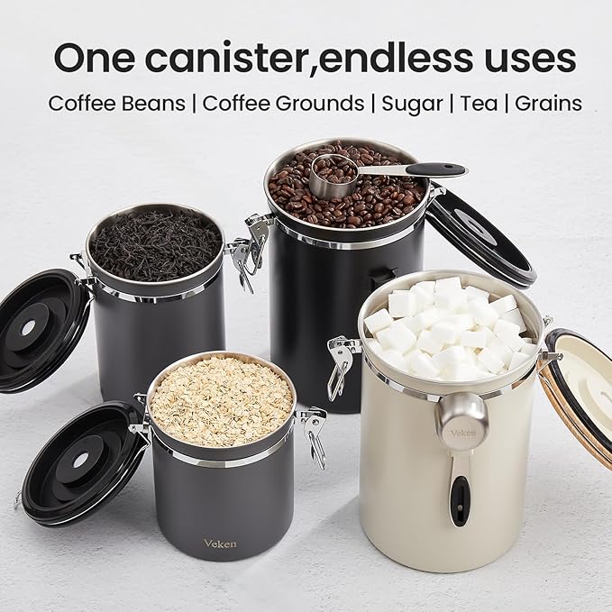 Veken Coffee Canister, 39OZ Large, Airtight Stainless Steel Food Storage Container for 2.2lbs Coffee Beans, Ground, Sugar, Tea, Flour, Cereal, Kitchen Bar Accessories with Date Tracker & Scoop, Cream