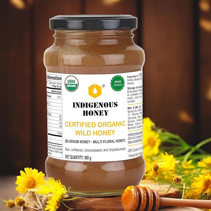 INDIGENOUS HONEY USDA Certified Organic Raw Unfiltered honey Pure Natural Wild Blossom Local from Beekeeper Unprocessed Real Glass Jar Pack of 1
