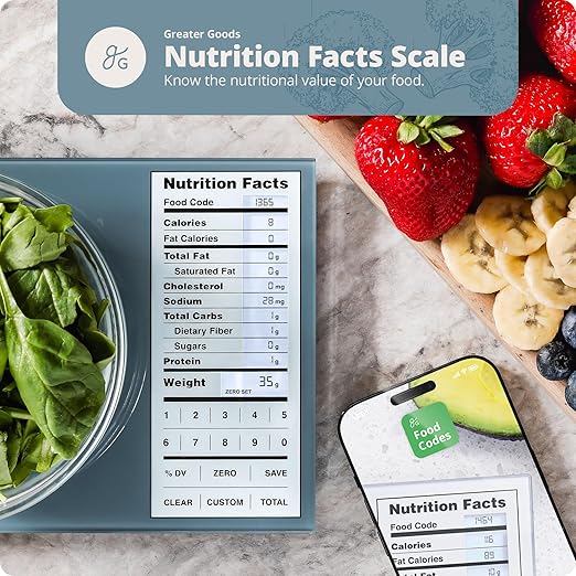 Greater Goods Nutrition Scale (Non‑Connected) – Food Grade Glass, 2,000 Food Codes Preloaded, Compact (9.33"x6.02"x0.91") for Portion Control & Meal Prep