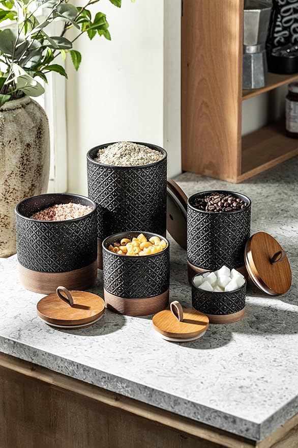 Coffee Storage Containers with Lids, Ceramic Coffee Container Kitchen Jars with Airtight Lid for Candy Spice Sugar Tea Bag, Decorative Kitchen Canisters for Countertop, Black & 42 fl.oz