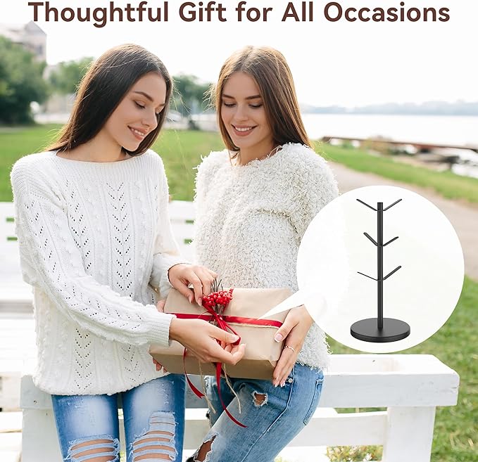 Coffee Mug Tree Holder Countertop, Non-Slip Walnut Wood Mug Rack with 6 Hooks, Coffee Cup Rack for Home Storage and Organizer (Black)