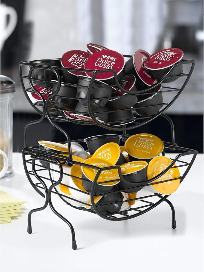 Nifty Single-Serve Wire Coffee Basket – Stacked Two-Tier Coffee Pod Storage Holder, Compatible with K-Cups, Home or Office Kitchen Counter Organizer, Modern Black Design
