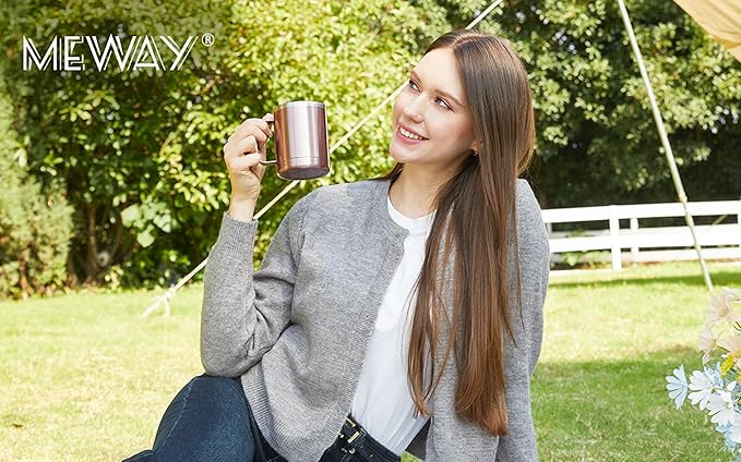 MEWAY 12oz Coffee Mug With Handle and Sliding Lid,Stainless Steel Travel Tumbler Cup with Handle,Double Wall Vacuum Insulated Camping Cup for Hot & Cold Drinks Tea (Rose Gold,Set of 1