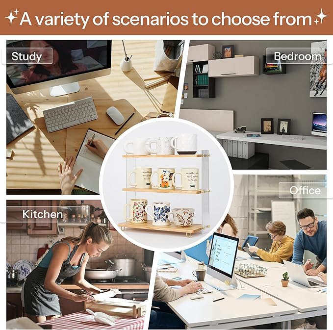 Coffee Mug Holder Wooden Cup Station Organizer 3 Tier Cup Holder for Coffee Bar Mug Display Rack for Countertop Mug Holder Shelf for Home Kitchen Pine Wood