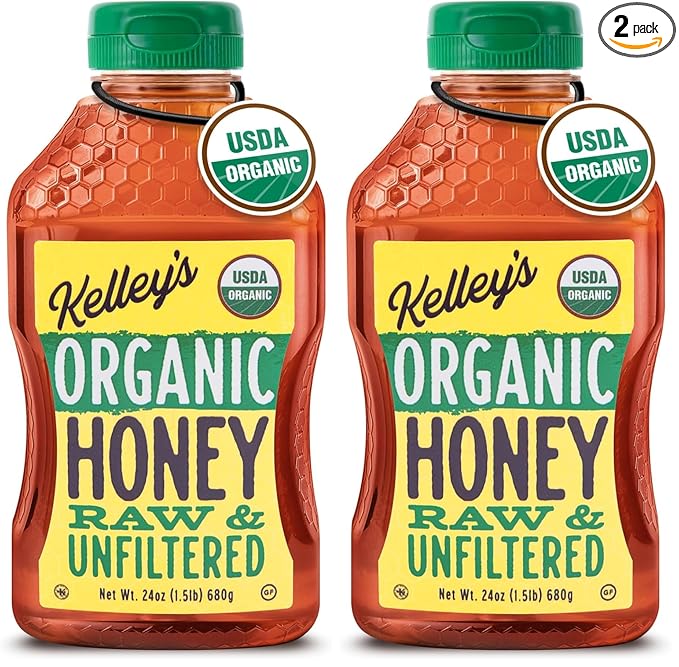 Kelley's 100% Organic Raw & Unfiltered Honey, USDA Certified, 24-ounce Squeeze Bottle – All Natural, Flavor-Rich Honey for Fruits, Yogurt, Smoothies, Acai Bowls, Tea - Natural Sugar Substitute