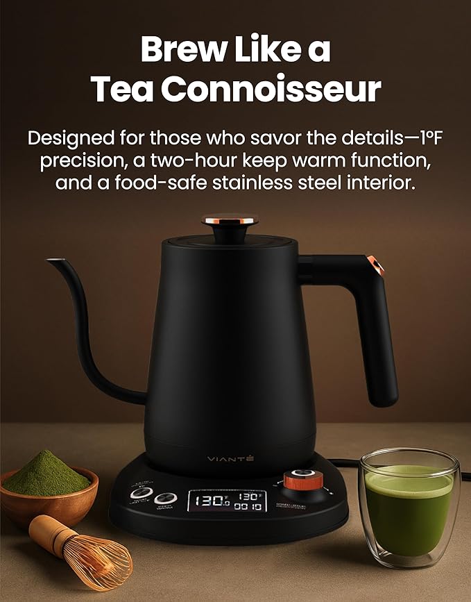 Vianté Electric Gooseneck Kettle with Precise Temperature Control. Pour Over Coffee & Tea Kettle. Boil-Dry Protection & Keep Warm Function. Stainless Steel, BPA-Free. Includes V60#2 Filters. 0.8L
