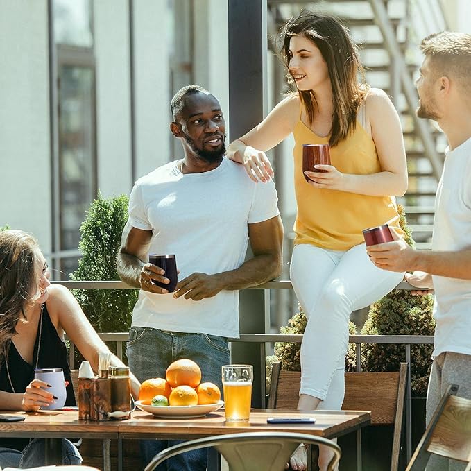 MEWAY 12oz/4 Pack Wine Tumbler Glasses with Lid - Stemless Double Wall Vacuum Stainless Steel Glitter Tumbler - Keeping Cold & Hot Cup for Coffee,Gift for Women(Rainbow Black,Set of 4)